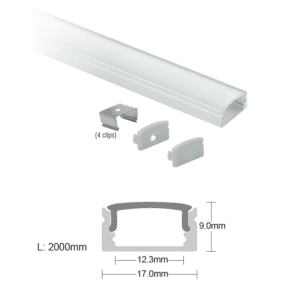 Arc LED 2m Flat 17mm x 9mm Installer Set Complete With End Caps, Clips, Diffuser (Silver)